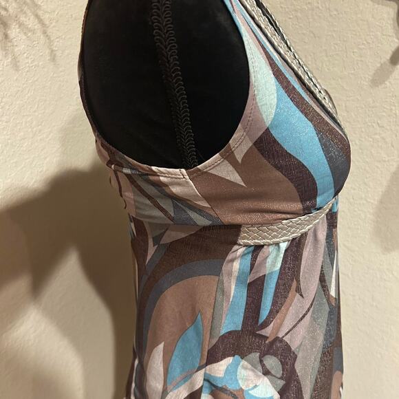 Vintage Self Esteem Brown and blue abstract print V-neck top with silver belting - Picture 5 of 7